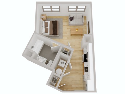 A top down view of a small apartment with a bedroom, living room, and kitchen.